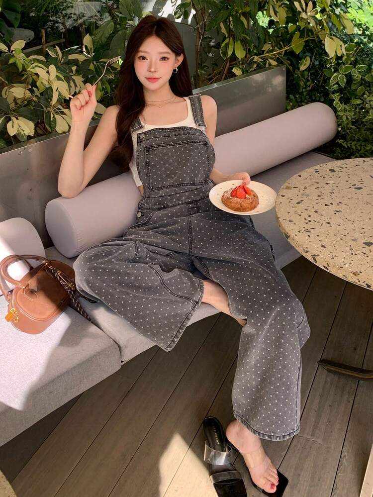Women's Loose Casual Vintage Washed Gray Polka Dot Print Outdoor Straight Leg Jeans With Large Pockets, Fashionable Street Style, Suitable For Spring & Summer