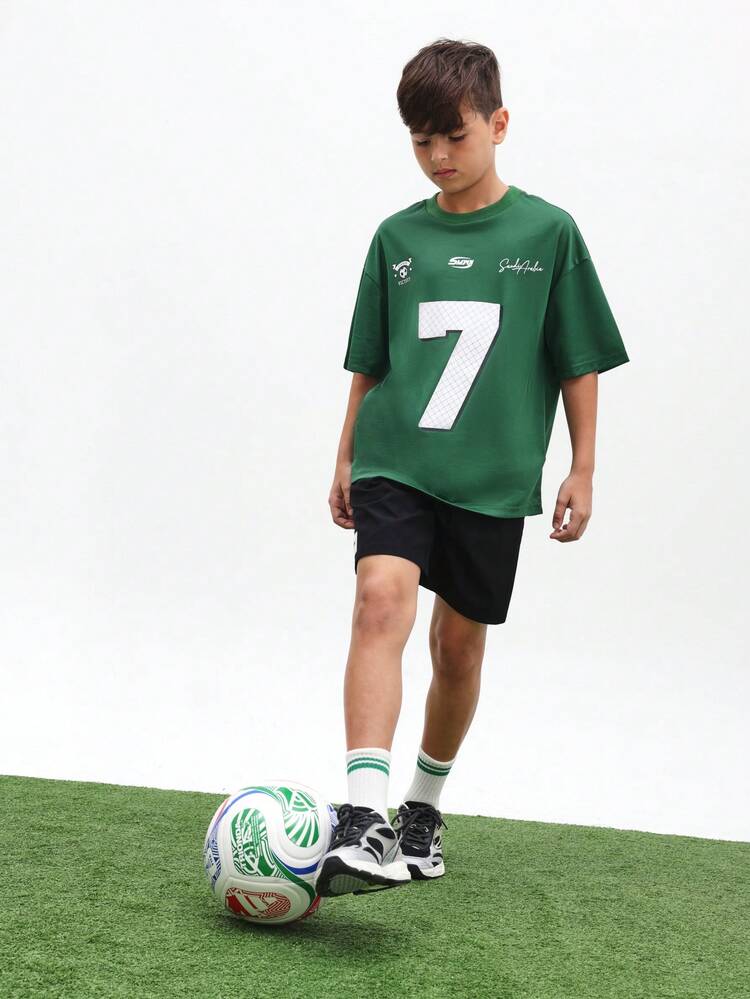 Boys Green Mesh Sports Jersey Tee With White Number 7 Print And Saudi Arabia Signature Design Regular Fit Short Sleeve , World Cup