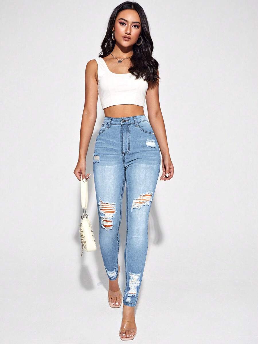 Selenza High Waist Ripped Skinny Jeans - Light Wash - View 1