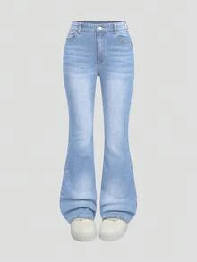 SHEIN Explorewe Vaqueros acampanados con lavado intenso, elásticos y versátiles de moda Y2K para adolescentes - Lavado ligero - Ver 1