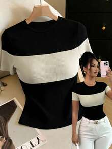 Elenzga Women's Contrast Color Round Neck Short Sleeve Casual Ribbed T-Shirt - Multicolor - View 7