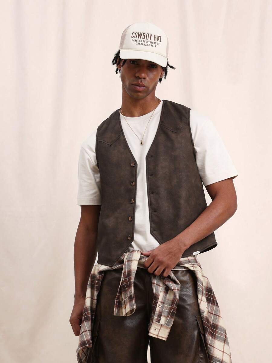 SUMWON Chaleco sin mangas con botones para hombre, estilo casual de capas, chaleco clásico de cuello en V, ajuste regular, formal y de negocios, para otoño e invierno - Marrón - Ver 1