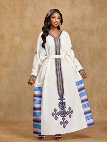 Brilight Đầm dài ngang eo thanh lịch dành cho nữ, thích hợp dự tiệc Giáng sinh và Năm mới, họa tiết kẻ sọc. - Màu be - Xem 5