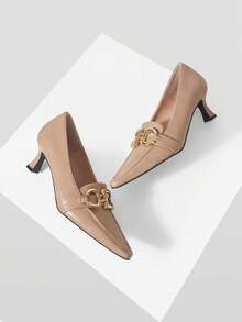 Mnmlis 2026 Square Toe Shoes Metal Buckle Middle Heel Commuter Loafers - Apricot - View 5