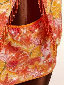 Amplova Women's Beaded Embroidered Fruit & Starfish Golden Yellow 2-Piece Swimsuit,Summer Elegant Casual Vacation Holiday Backless Halter Tie-Up Resort Wear - Burnt Orange - View 6