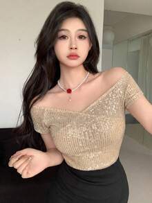 DAZY 女款露肩亮片修身休閒短袖T恤，夏季派對之夜，金色亮片 - 杏色 - 查看 5