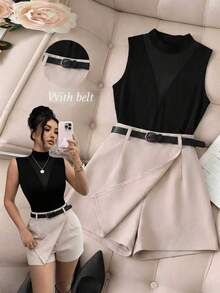 Franclia Women's Two-Piece Set, Black And Beige Summer Elegant High-Neck Sleeveless Mesh Patchwork Vest & Cinched Waist Asymmetric Skorts Outfit For Brunch Party - Apricot - View 3