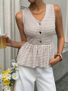 Elyressa Women's Knitted Sleeveless Summer Casual Vacation T-Shirt - Apricot - View 1