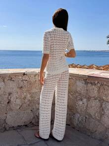 EURMUSE Hollow Out Beachwear Cover Up 2 Pcs Set - Apricot - View 2