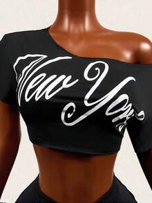 Mistrie 性感不对称露肩宽松短款女式上衣 - 黑色 - 查看 7