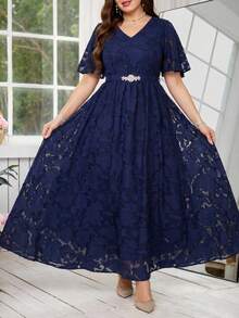 Reflora Elegant Blue Chiffon Plus Size V Neck A Line Long Dress With Flounce Sleeves For Formal Party - Blue - View 9
