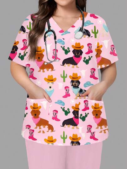 PopScrub Women's Pink V-Neck Short Sleeve Double Pocket Cute Dog Animal Print Blouse, Nurse Doctor Work Uniform Top, Solid Color Pet Grooming Workwear, Nutritionist Lab Coat, Multi-Pocket Functional Workwear, Cute Holiday Outfit