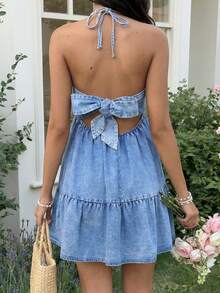 Sunnyshic Casual Backless Halter Neck Denim Dress For Women - Blue - View 2