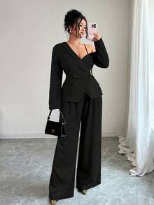 Elenzga 大码女式法式休闲优雅长袖上衣和裤子两件套，秋冬款 - 黑色 - 查看 4