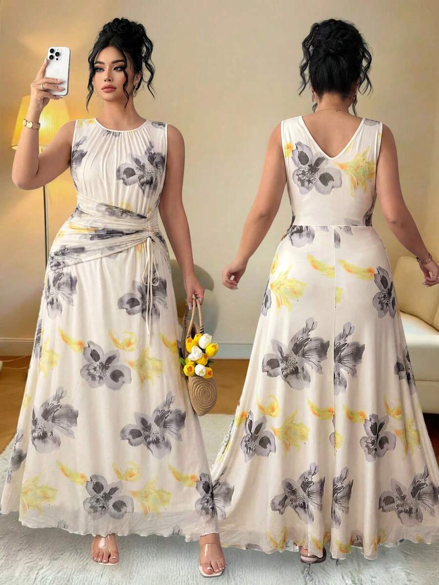 Elenzga Vestido casual sin mangas con estampado floral y drapeado para mujer de talla grande - Multicolor - Ver 1
