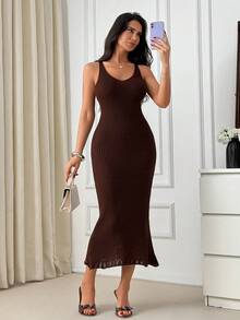 EURMUSE Đầm dệt kim ôm dáng không tay cổ chữ V màu trơn dành cho nữ - màu nâu - Xem 6