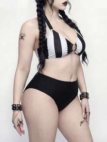 ROMWE 2026 Spring/Summer Plus Size Gothic Style Black & White Floral Print 2-Piece Swimsuit Set For Women - Multicolor - View 5