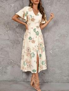 Solivie Women's Casual Floral Print & Embroidery Long Dress, Summer - Apricot - View 6