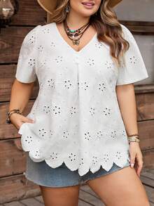 SHEIN CURVE+ Áo kiểu nữ cỡ US22, thích hợp cho lễ hội âm nhạc, kỳ nghỉ bên bờ biển, phong cách bohemian, cổ chữ V thêu họa tiết và tay cánh hoa, áo mùa hè cỡ lớn, áo trắng nữ, áo kiểu ren mùa hè, áo sơ mi nữ, áo kiểu nữ, áo ren mùa hè cho nữ. - trắng - Xem 10