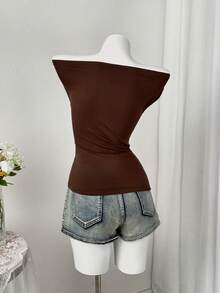 Sunspun Kaos Ukuran Besar Musim Panas Kasual Warna Polos Leher Asimetris Pinggang Terikat - Coklat - View 2