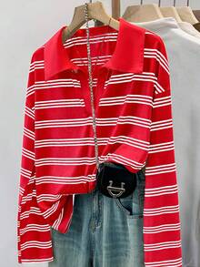 GlowEve Women's Casual Striped Long Sleeve T-Shirt, Spring - Red - View 3