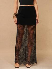 Silquee Chân váy ren xếp ly rỗng eo thanh lịch dành cho nữ - màu đen - Xem 3