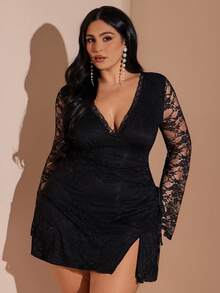SHEIN BAE Abito mini con spacco, manica lunga in pizzo, taglie comode per donna, colore nero - nero - Visualizzare 7