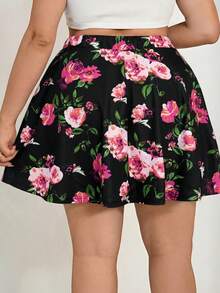 SHEIN Tall CURVE Falda-pantalón con estampado floral bohemio de talla grande para mujer, con bolsillos, para vacaciones - Negro - Ver 2