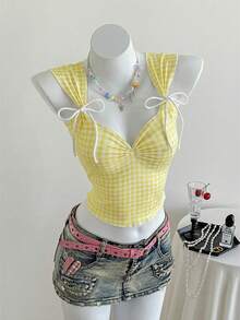 SHEIN EZwear 格子系带心形领修身露脐背心（女款） - 黃色 - 查看 3