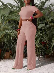 Slaydiva Nuevo conjunto de 2 piezas de estilo deportivo casual básico para primavera y verano, con camiseta de cuello redondo de manga corta y pantalones anchos y extra largos de textura de rayas de color rosa rojo, de tela de punto para mujer - Rosa vieja - Ver 7