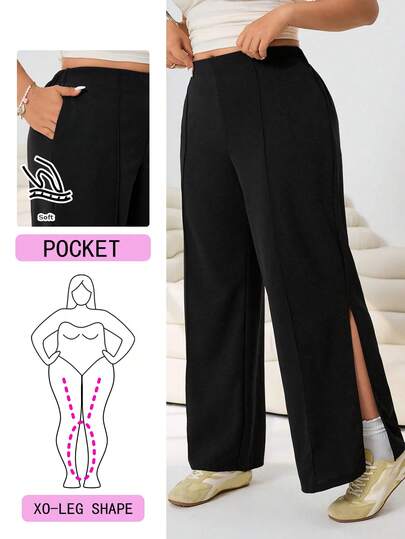 Solflare Spring/Summer New Casual Loose Knit Pants With Side Slit, Suitable For Outdoor, Daily, Party, Music Festival, Back To School, Graduation, Vacation, Commute, Streetwear, Weddings, Home Leisure, Store Visits, City Walks, Plus Size, Black
