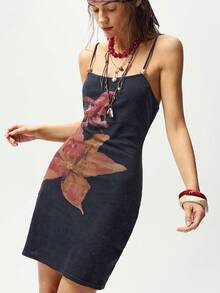 Bohemela Boho Spring/Summer Outfits, Vintage Women's Vacation Beach Bohemia Washed Floral Graphic, Lily Print  Fitted Fashionable Spaghetti Strap Mini Dress, With Beaded Front Detail, Casual Vacation, Western Country Style Concert Party Outfits, Suitable For Beach Vacation Outfit & Daily Wear & Back To School & Going Out Outfits & Party Outfits, 2000s Outfits, Y2k Clothes, Summer Holiday Outfits - Black - View 5