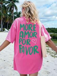 DrmWander Women's Casual Loose Letter Print Round Neck Short Sleeve T-Shirt, Summer - Hot Pink - View 3