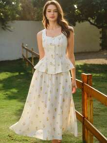 Vintamour Bộ đồ nữ cổ điển thanh lịch 2 mảnh, áo không tay cổ bẻ và chân váy xòe in hoa mùa xuân/hè, nền màu mơ điểm xuyết hoa vàng. - Màu vàng - Xem 4