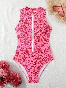 Swim SPRTY Summer Women's One-Piece Swimsuit Random Print Tight Zipper Sexy Beach Halloween Store Celebration One-Piece Swimsuit - Pink - View 7