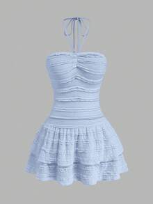 Sweetra Women's Plus Size Light Blue Cute Summer Vacation Holiday Vintage Style Dress,Textured Backless Double-Layer Ruffle Hem Pleated Neckline Party Dress - Baby Blue - View 1