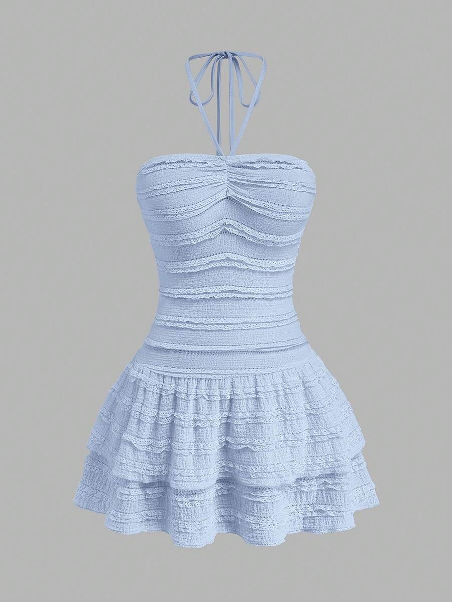 Sweetra Women's Plus Size Light Blue Cute Summer Vacation Holiday Vintage Style Dress,Textured Backless Double-Layer Ruffle Hem Pleated Neckline Party Dress - Baby Blue - View 1