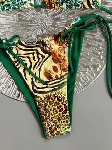 Swim Vcay 2pcs Leopard Print Bowknot Sexy Women Bikini Set, Halter Tankini Swimsuit Zebra Bikini Zebra Print Swimsuit Zebra Print Bathing Suit Animal Print Bikini - Multicolor - View 4