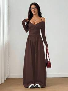 Flirla Women's Solid Color Off-Shoulder Long Sleeve Ruched Wide Leg Jumpsuit With Neck Tie - Coffee Brown - View 6