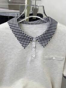 Resyla 女士撞色格纹 Polo 领假口袋短袖 T 恤 - 彩色 - 查看 7