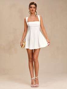 SHEIN BAE White Pleated Sleeveless Backless Bow Tie Mini Dress, Women's Spring/Summer, Back To School, Graduation Season, Pure White, Wedding Guest Attire, Minimalist Elegant Sexy Dress, Elegant Maxi Dress, Wedding Guest Outfit, Vacation & Date - White - View 5