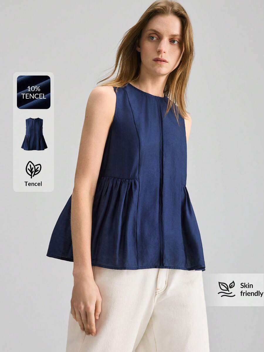 Ontre Women's Navy Blue Sleeveless Top,Summer Casual Everyday Round Neck Loose A-Line Woven Shirt,Modern Urban Chic Office Wear,Elegant Wedding Party Top - Navy Blue - View 1