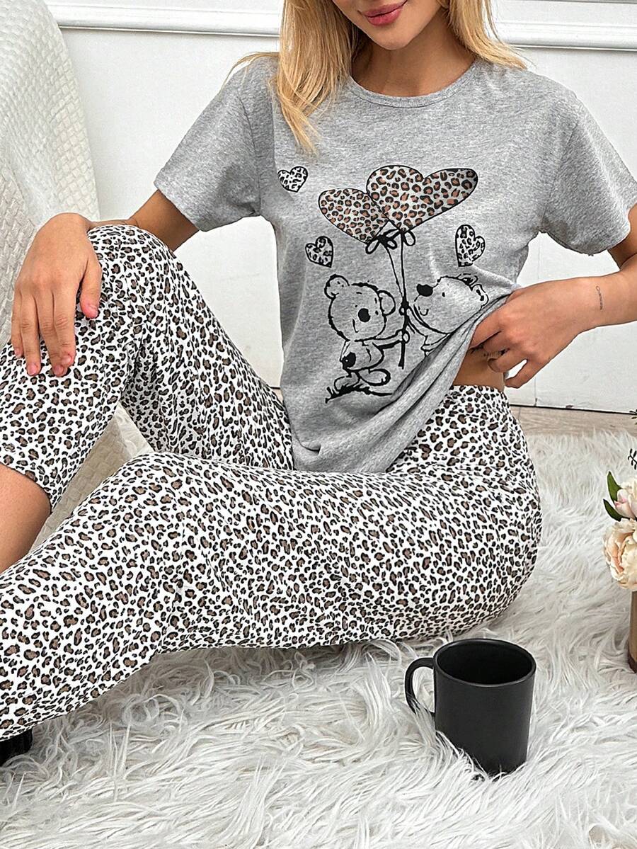 Loomlin 100%Cotton 2pcs/Set Women Cotton Animal Print Detail Homewear Pajama Set - Light Grey - View 1