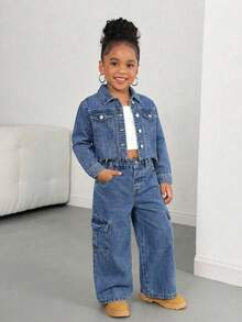 Bộ 2 món gồm áo khoác dài tay cổ bẻ và quần ống rộng bằng vải denim kaki cho bé gái. - Rửa nhẹ - Xem 3