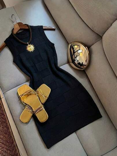 Vestido Mini de Punto Cuadriculado Slim Fit Moldeador para Mujer