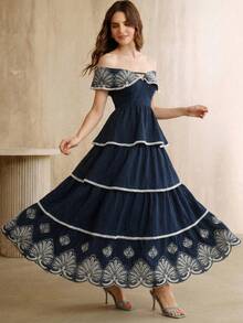 Anewsta Summer Holiday Outfit Romantic Off-Shoulder Ruffle Hem Cake Elegant Ladies Vacation Dress Bohemian Dresses For Women Mediterranean Style Clothes French Style Dress - Navy Blue - View 3