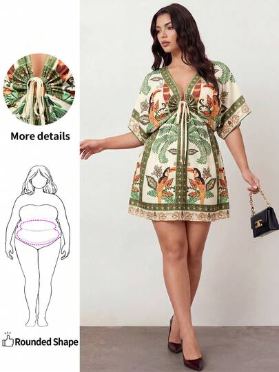 Enliva 大码女式植物印花前系带蝙蝠袖休闲连衣裙