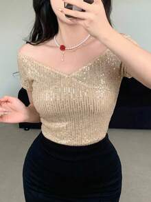 DAZY 女款露肩亮片修身休閒短袖T恤，夏季派對之夜，金色亮片 - 杏色 - 查看 4