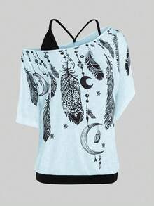 EMERY ROSE Plus Size Feather Printed Camisole Short Sleeve T-Shirt Graphic Tees Women Tops - Multicolor - View 1