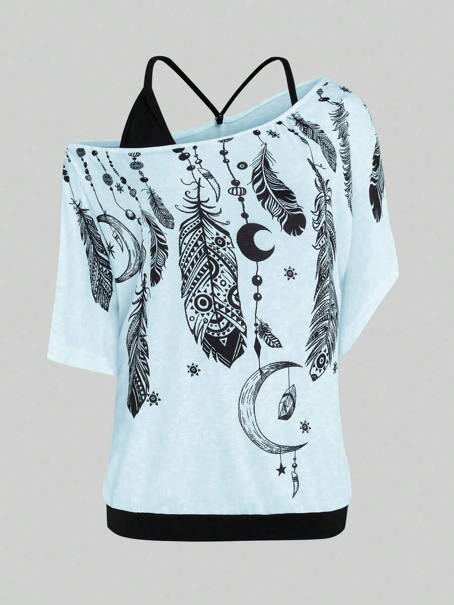 EMERY ROSE Plus Size Feather Printed Camisole Short Sleeve T-Shirt Graphic Tees Women Tops - Multicolor - View 1